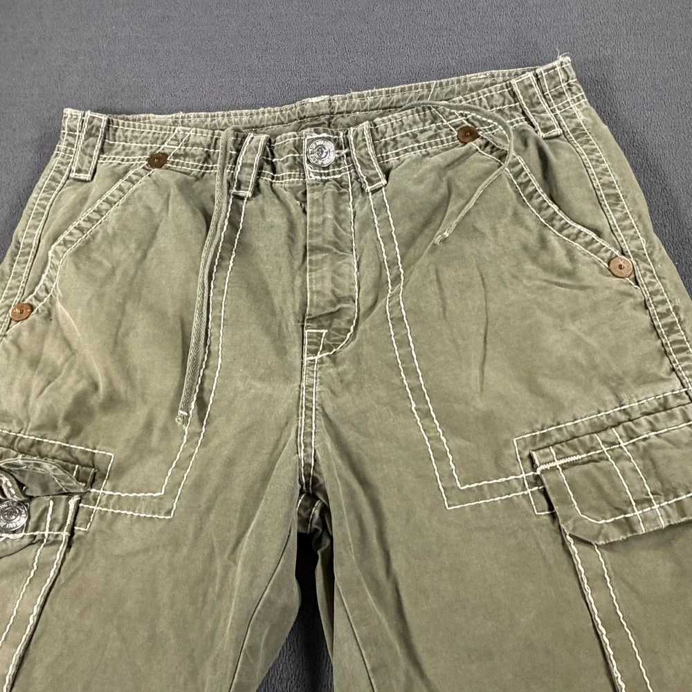 True Religion Mens Super T Cargo Shorts Olive Green White Stitch Y2K Size 34 37